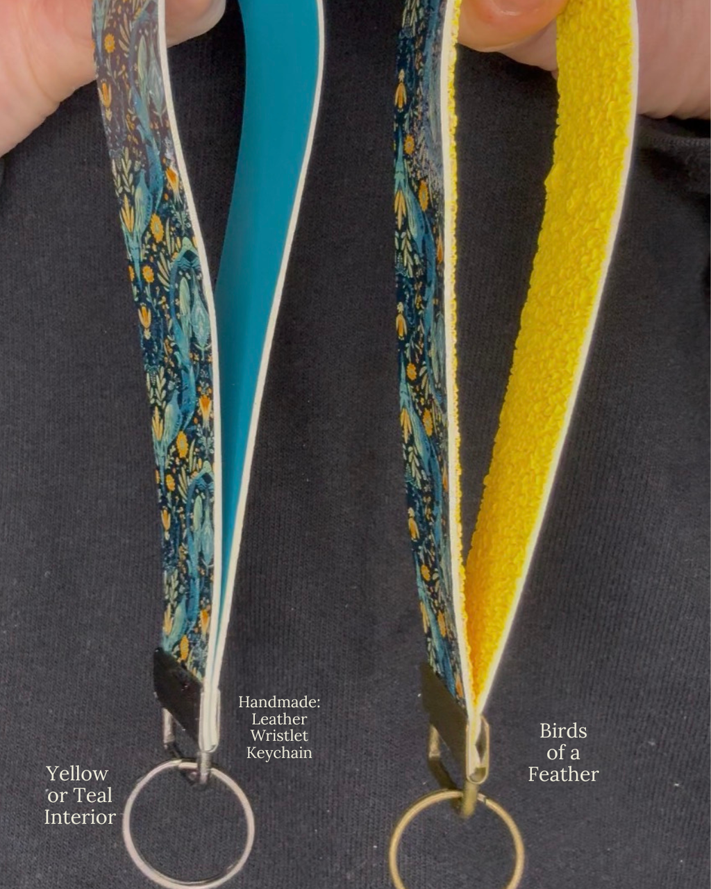 Two colorful lanyards with keychains, one yellow and blue, the other blue and yellow, on a dark background.